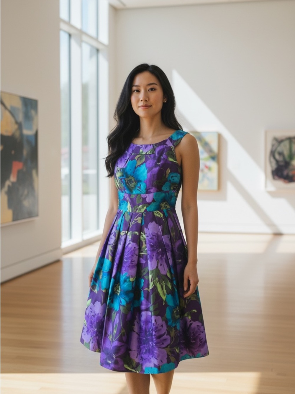 Jessica Howard Purple and Teal Floral Midi Dress